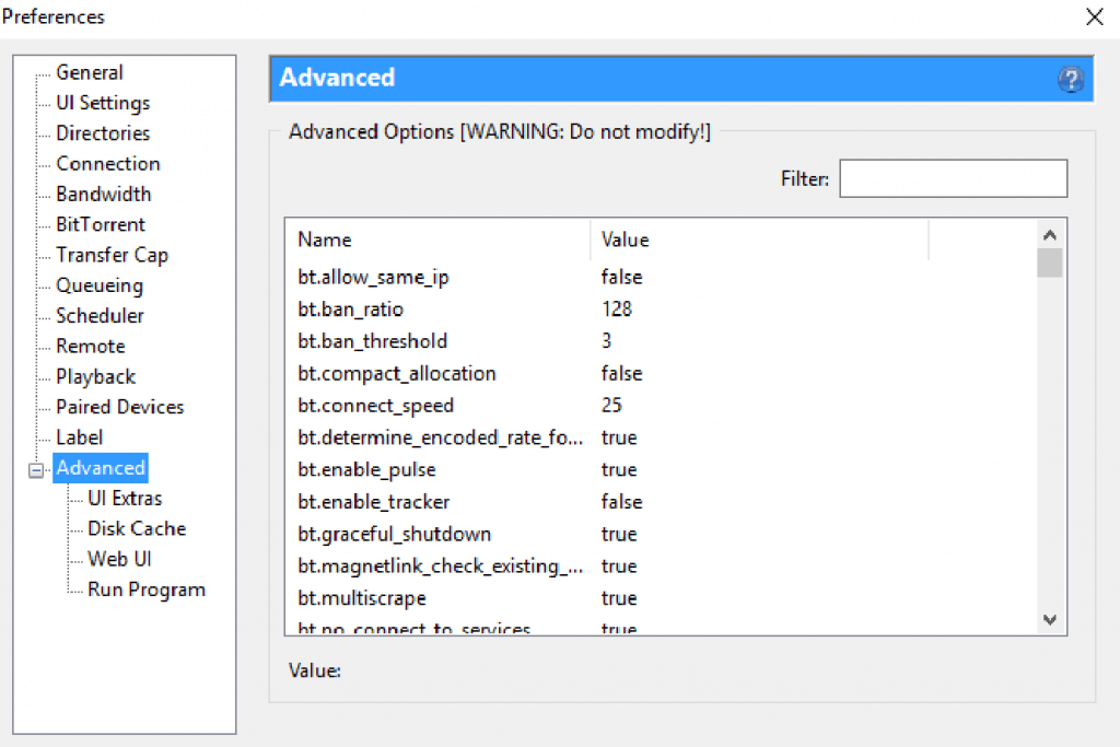 uTorrent advanced preferences