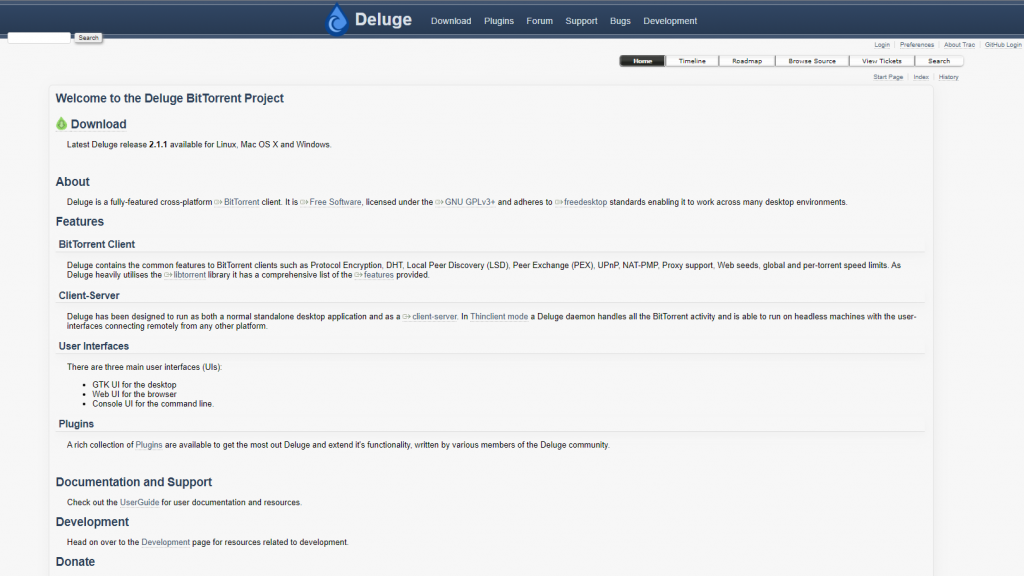 Screenshot of the Deluge website.