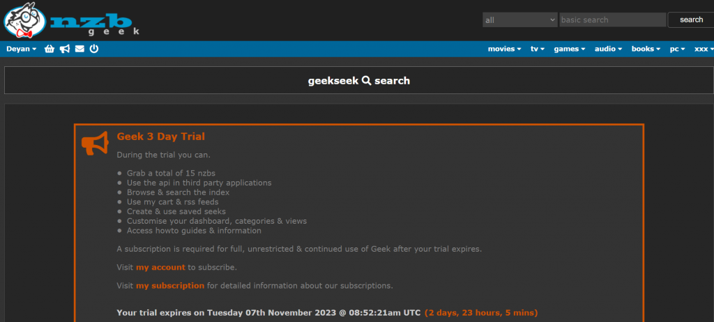 NZBGeek Free trial