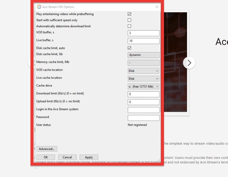 Ace stream Engine configuration