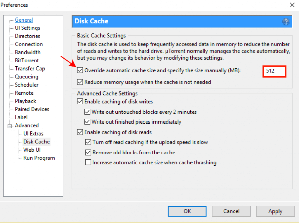 Disc cache settings