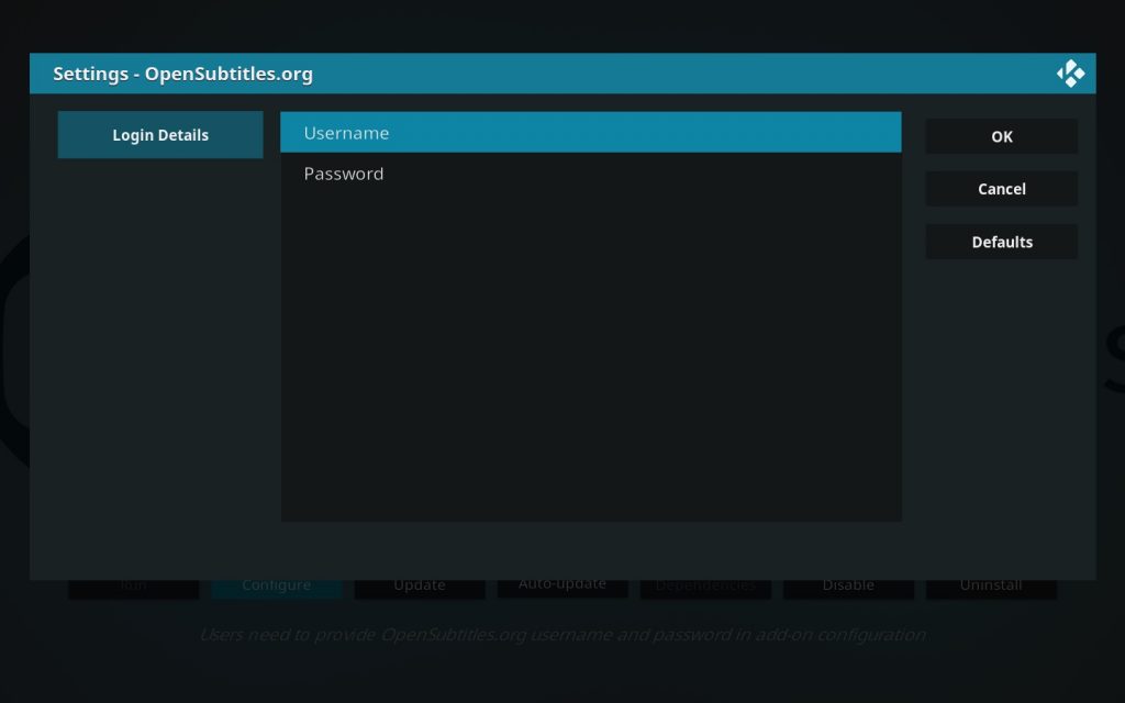 Settings opensubtitle in Kodi