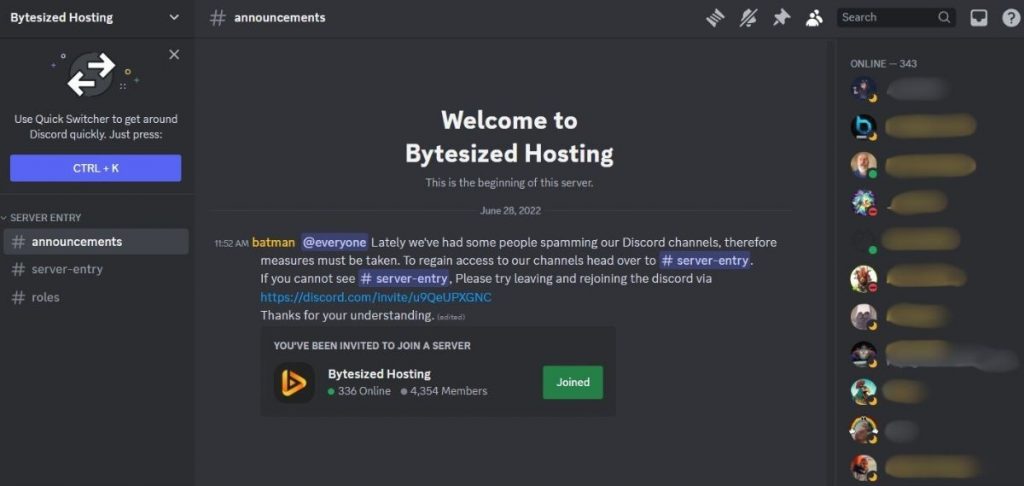 Bytesized Hosting’s Discord Channel is a little quiet.