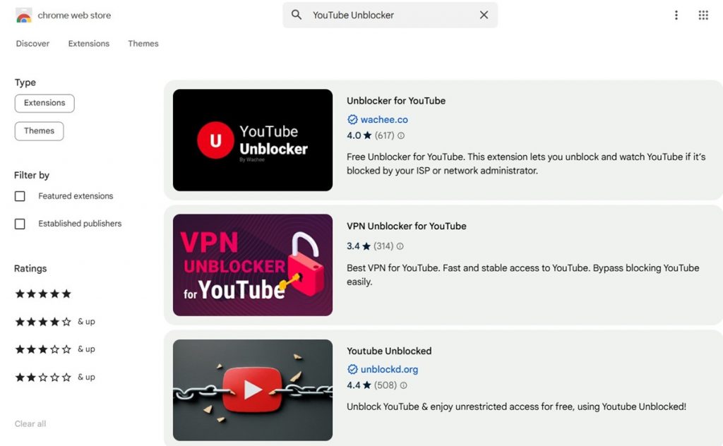 There are many YouTube Unblocker extensions on the Chrome Web store. (Source: Chrome Web Store)