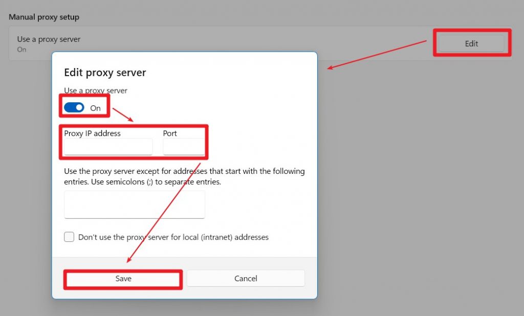 Manually enter the IP address and port number for your proxy service.