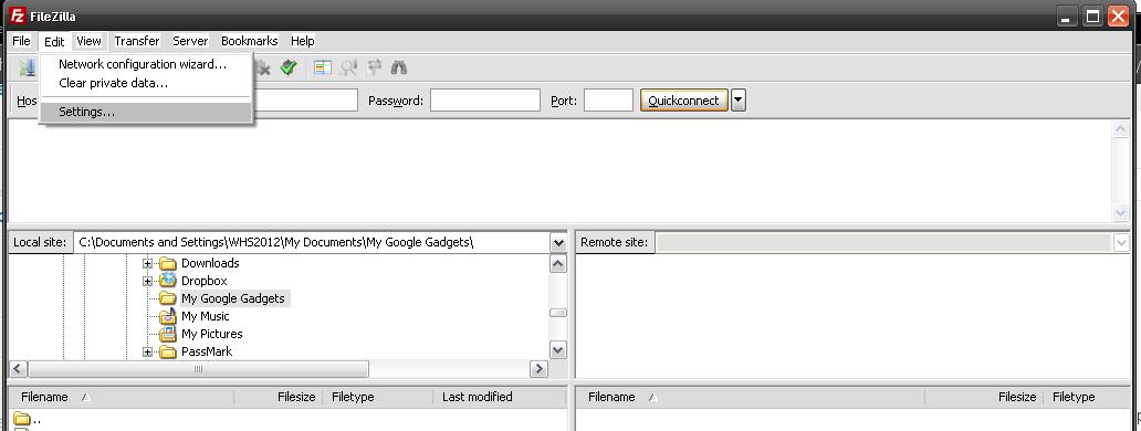 FileZilla dashboard settings