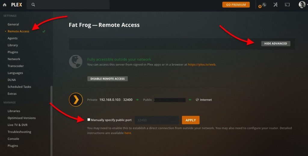 Setting up remote access in Plex Media Server.