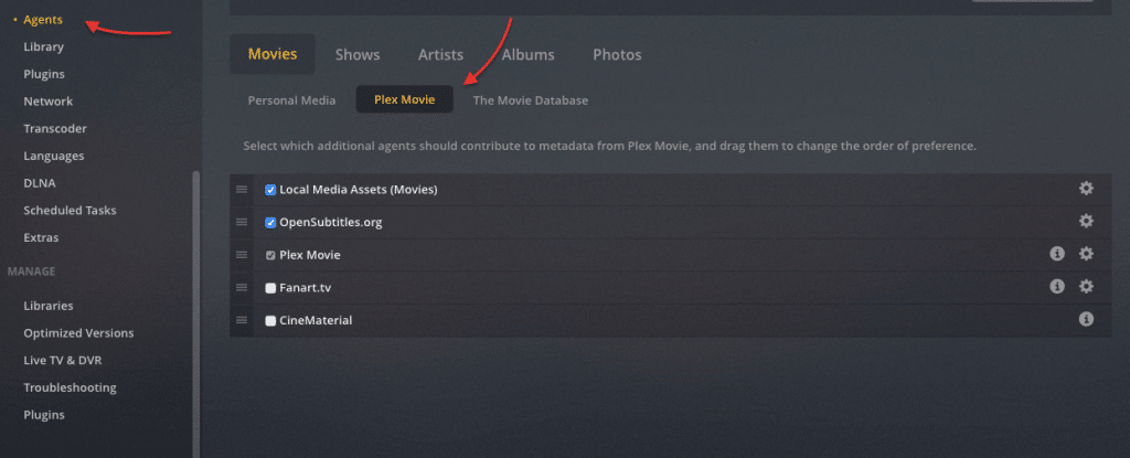 Configuring subtitles in Plex Media Server.