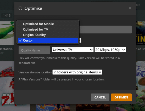 Video transcoding configuration with Plex Media Server.