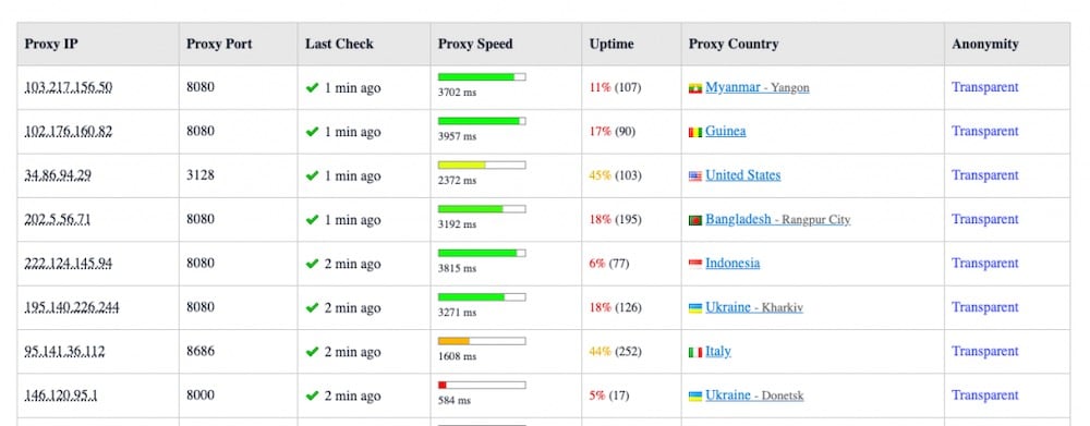 The details in a proxy list.