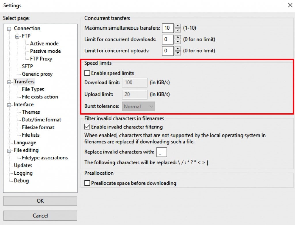 FileZilla Speed Limits