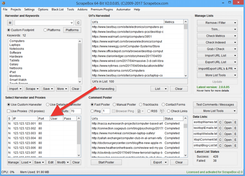 Proxy list in Scrapebox. 