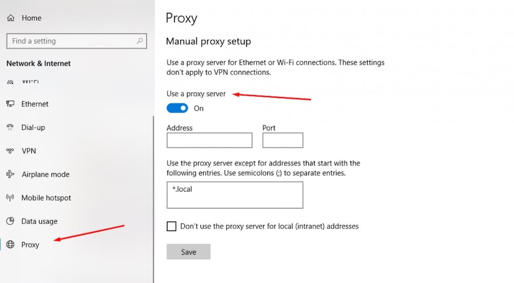 Configuração do proxy SOCKS5 num Windows.