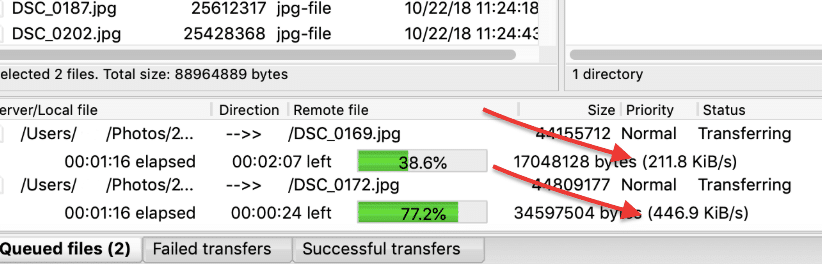 Bandwidth metrics in Filezilla.