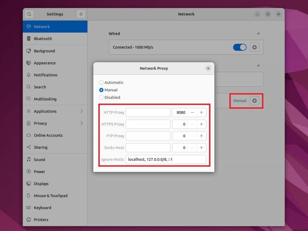 The image demonstrates the proxy setup on Ubuntu; most other distros will be similar.