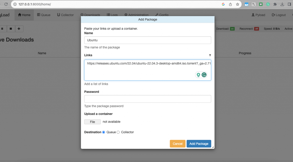 Adding download package on pyLoad