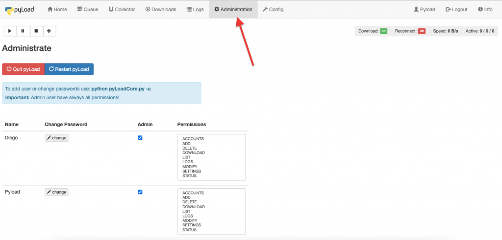 Managing pyLoad