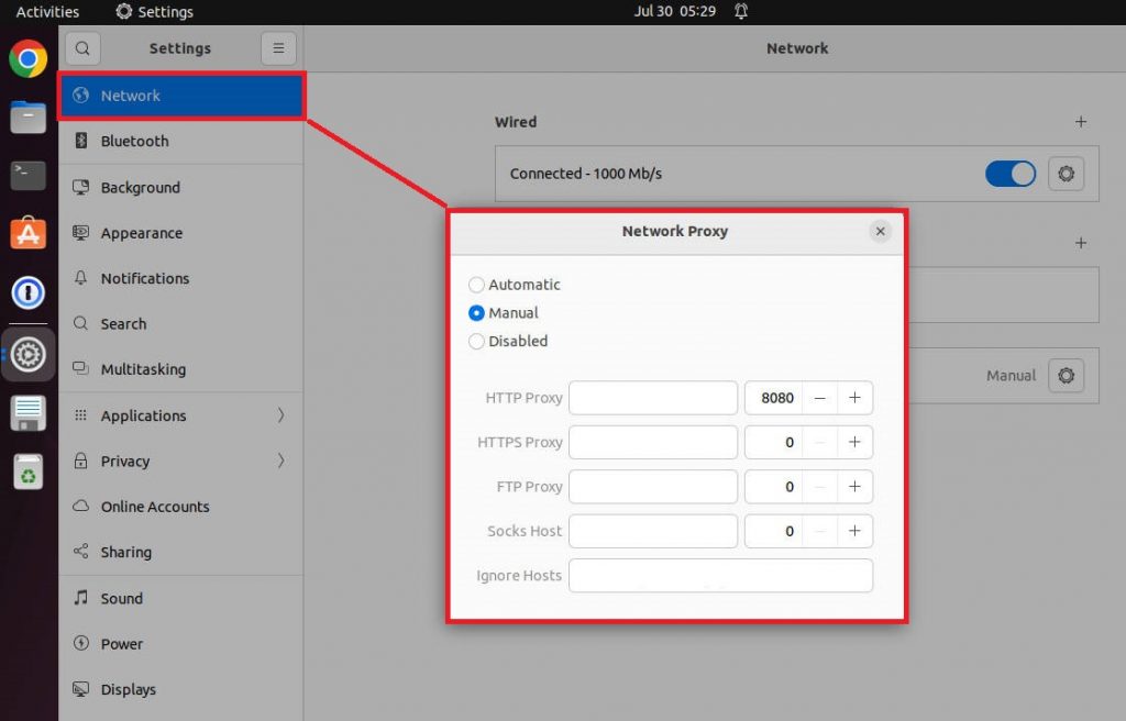 You can setup a proxy on Linux through the Graphical User Interface (GUI) or the command line